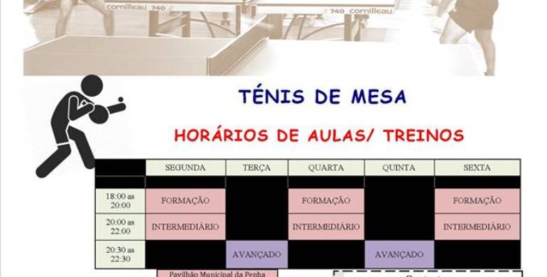 Seção Ténis de Mesa – Época desportiva 2018/2019 – Horários