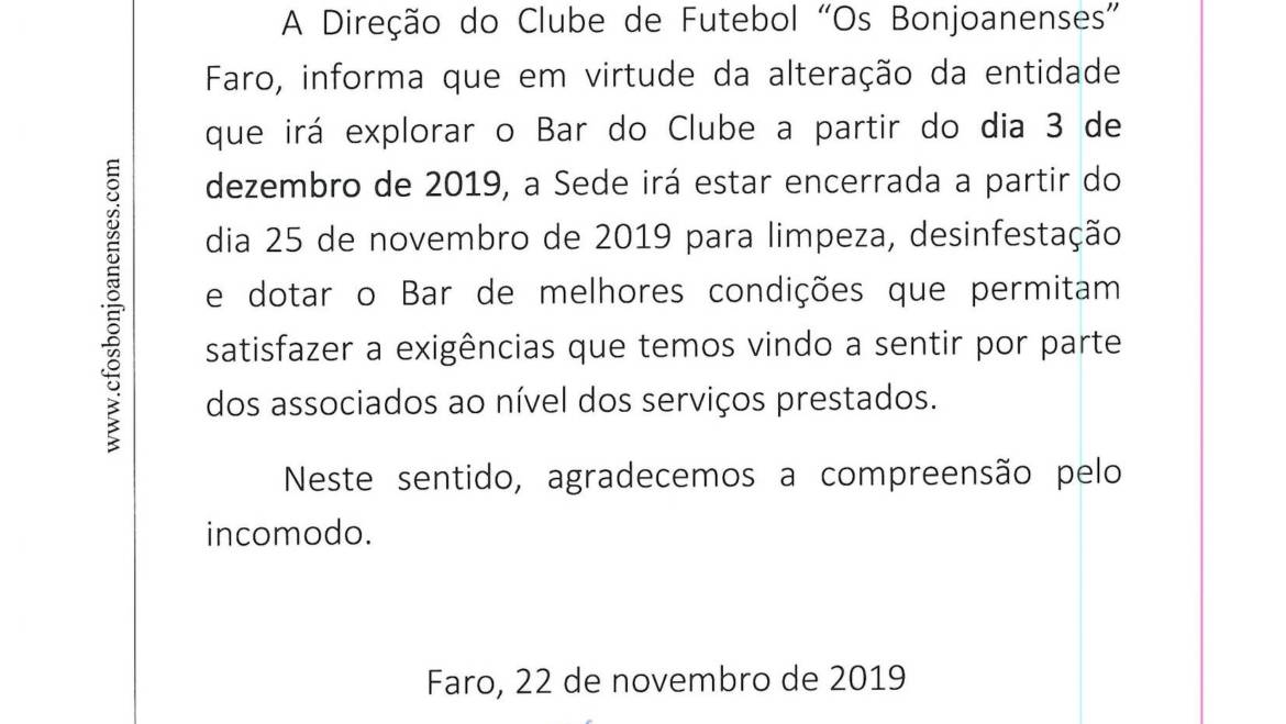 Comunicado – Encerramento da Sede do Clube